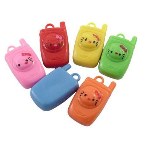 Colorful Plastic Children Pendant / Phone with Kitten, 33x18x13 mm, Hole: 3 mm, MIX -10 pieces