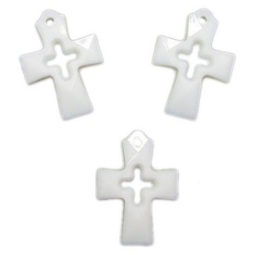 Opaque Plastic Cross Pendant, 24x34 mm, White -50 grams