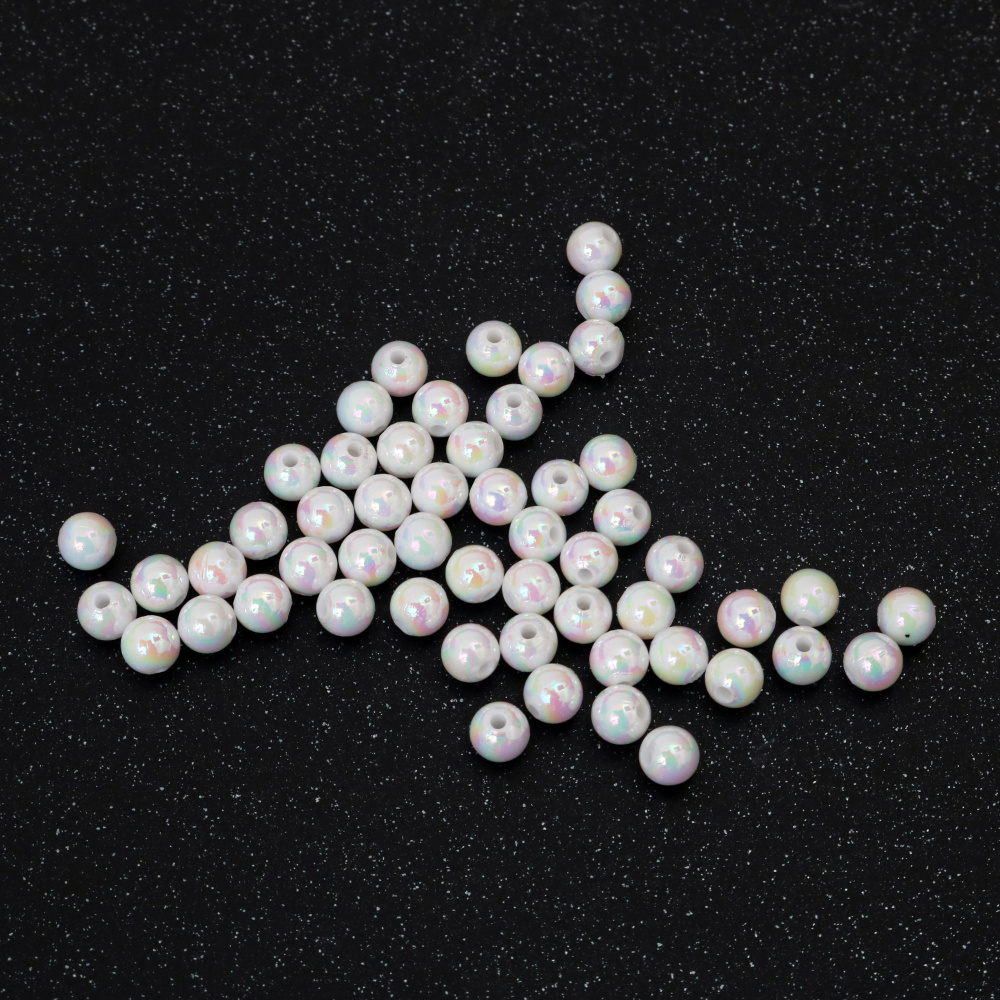 Плътни мъниста с форма топче 6 мм дупка 1 мм цвят бял дъга -20 грама ~ 190 броя