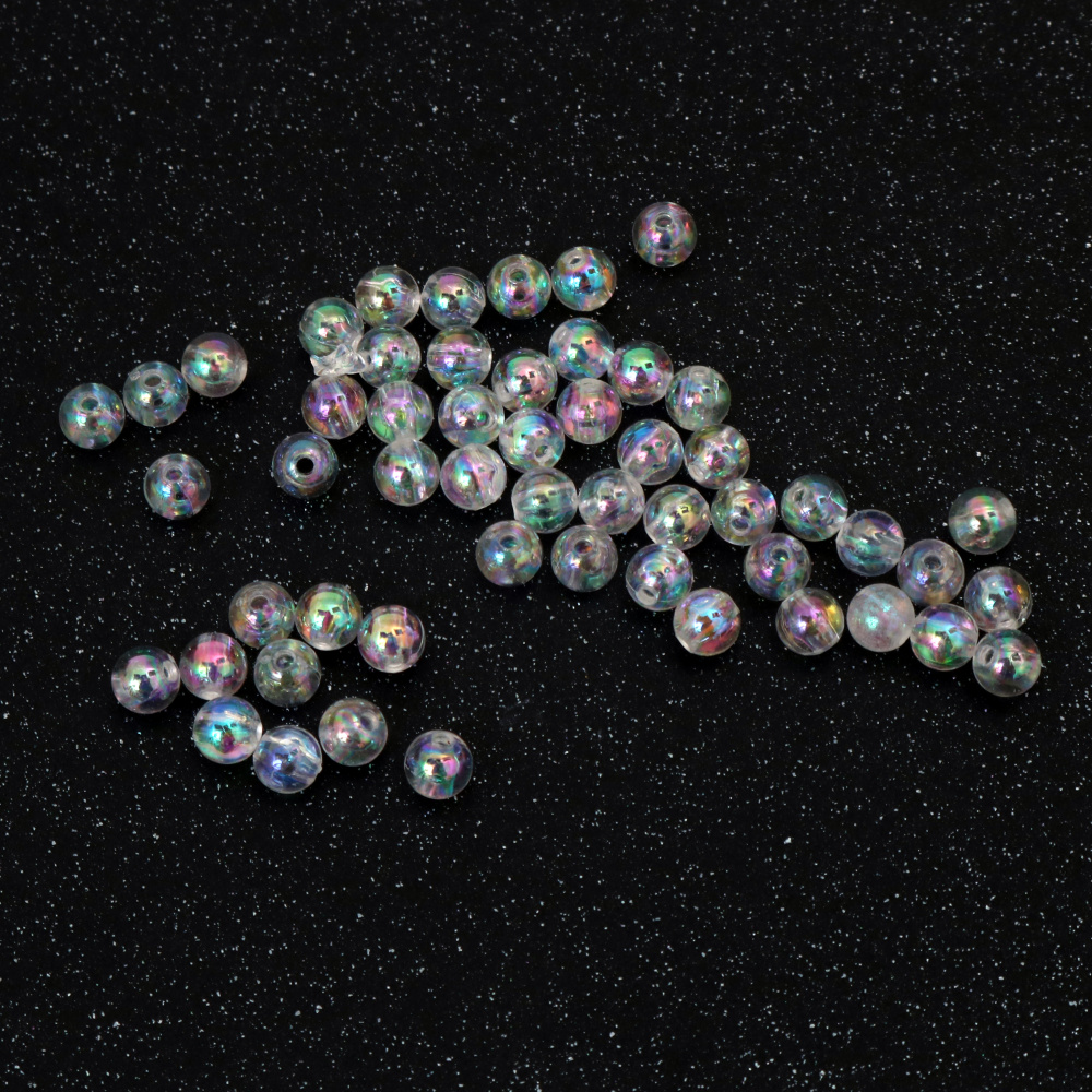 Mărgele de cristal în formă de bilă, gaură de 6 mm, culoare alb curcubeu - 20 grame ~190 bucăți