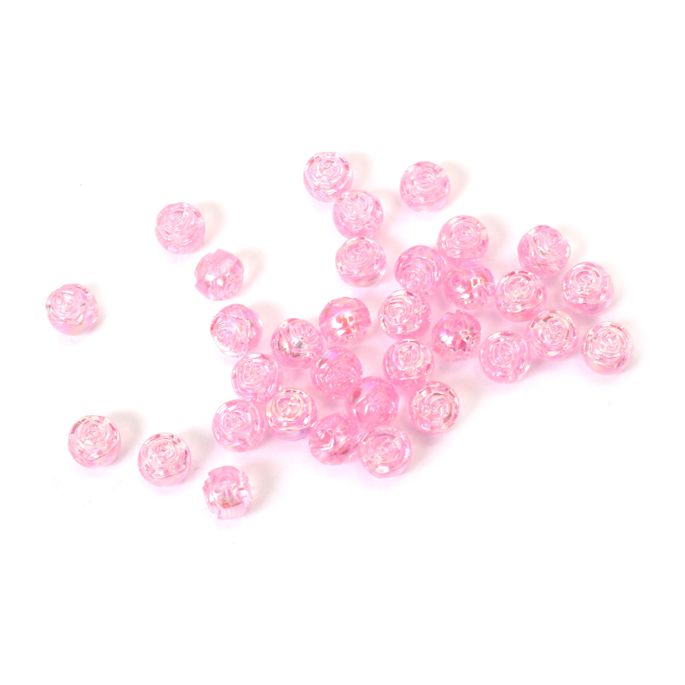 Mărgele de cristal în formă de sferă cu trandafir în relief, gaură de 8 mm, culoare roz curcubeu - 20 grame ~80 bucăți