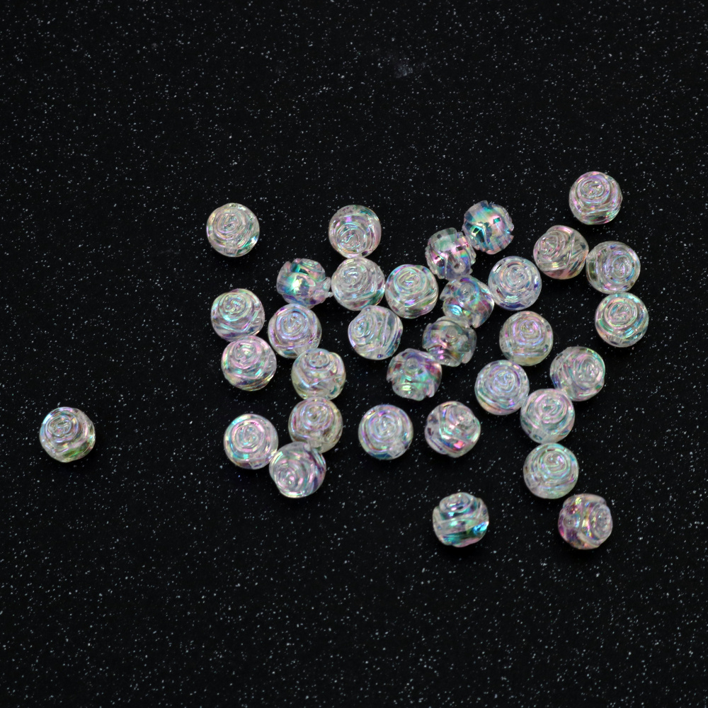 Mărgele de cristal în formă de sferă cu trandafir în relief, gaură de 8 mm, culoare alb curcubeu - 20 grame ~80 bucăți