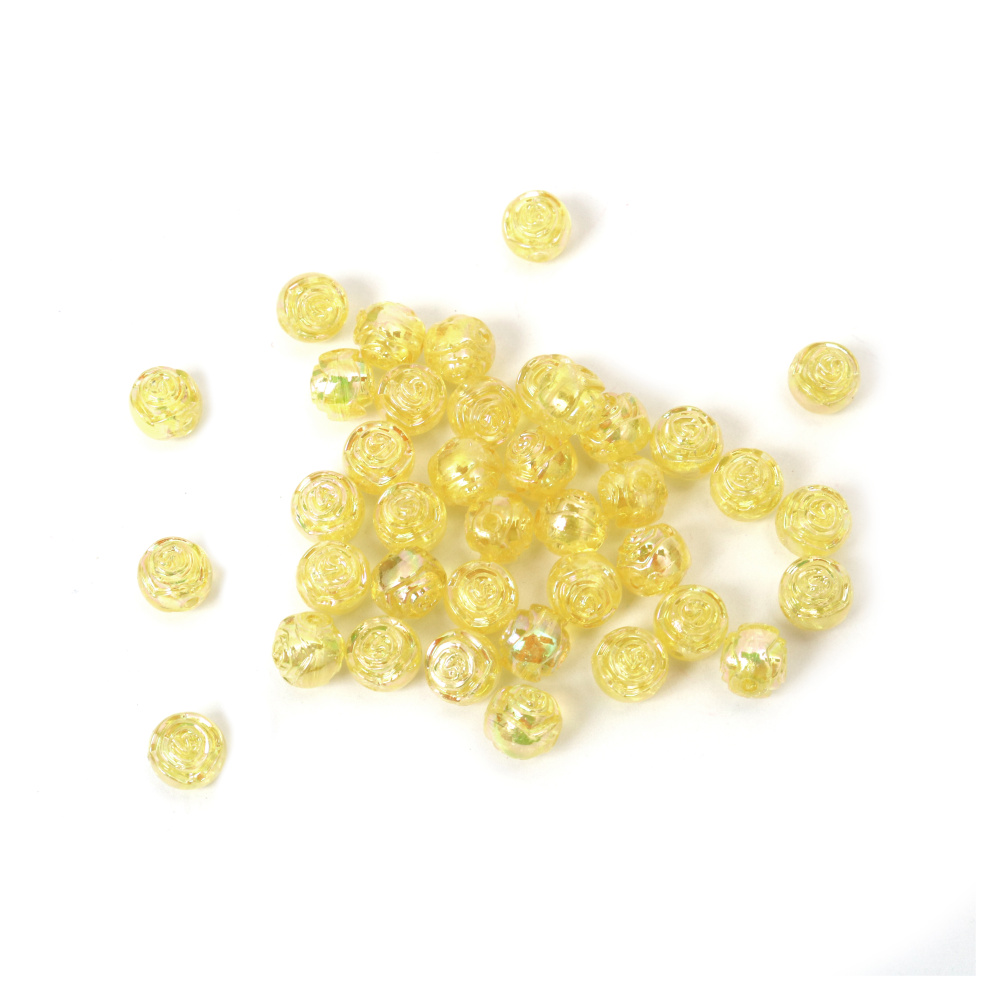 Bright Yellow Rainbow Crystal Rose Embossed Round Beads 8 mm, Hole 1 mm – 20 grams ~80 Pieces