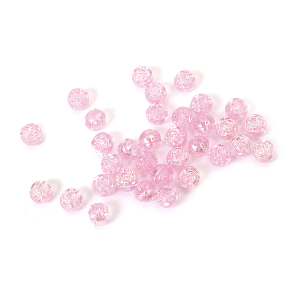 Mărgele de cristal în formă de sferă cu trandafir în relief, gaură de 8 mm, culoare roz deschis și curcubeu - 20 grame ~80 bucăți