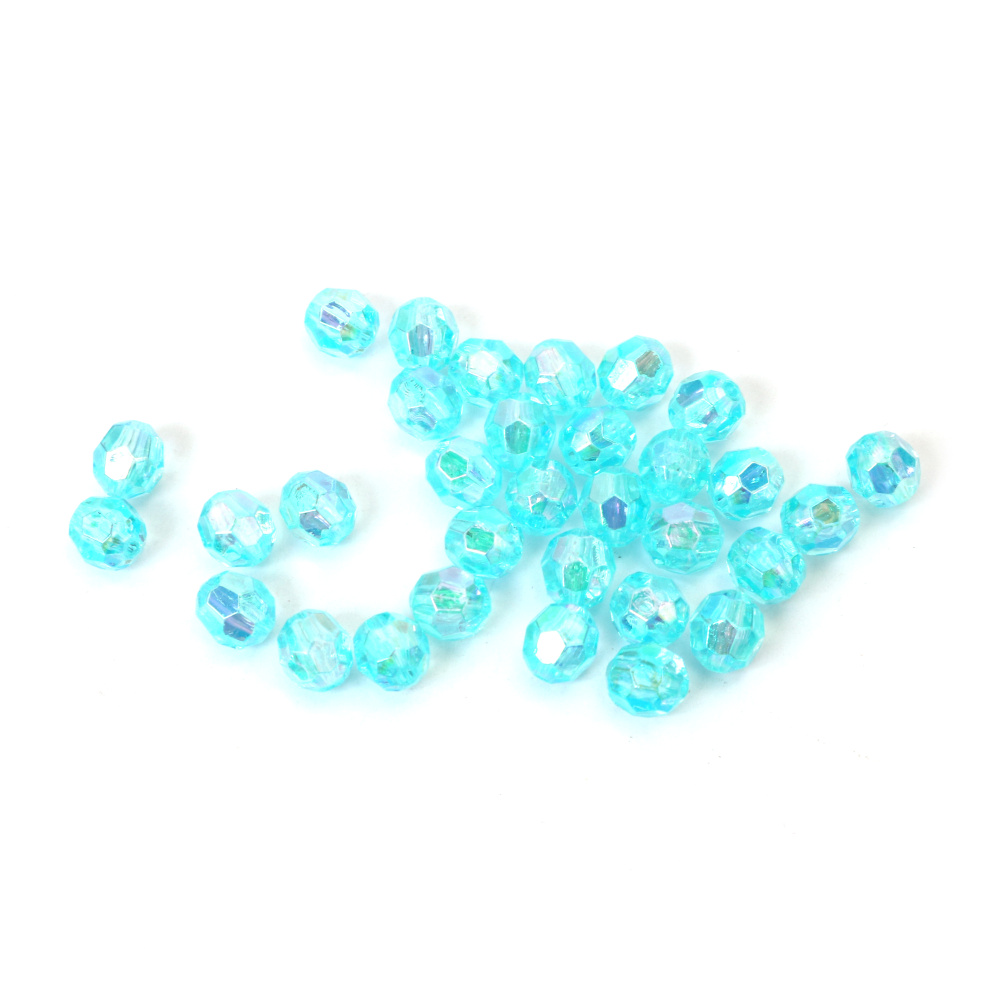 Mărgele de cristal în formă de bilă, gaură de 8 mm, poliedrică de 2 mm, culoare albastru deschis CURCUBEU - 20 grame ~80 bucăți