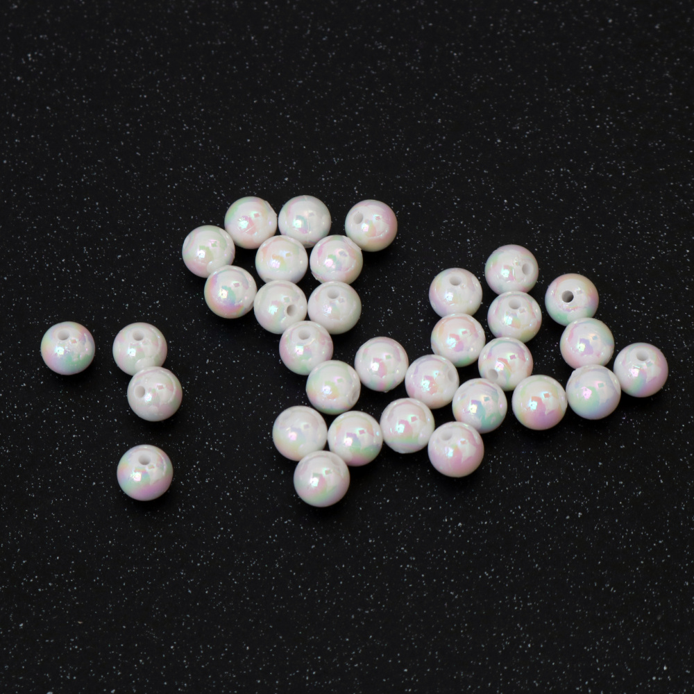 Mărgele dense în formă de bilă, gaură de 8 mm, culoare alb curcubeu - 20 grame ~78 bucăți