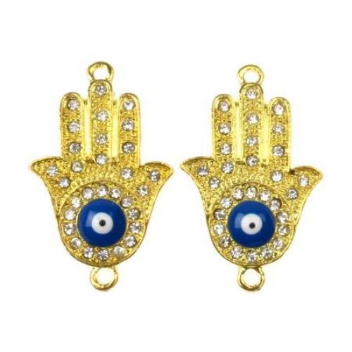 Connecting element metal hand of Fatima with crystals and lucky blue eye incenter 35.5x22x5 mm hole 2 mm color gold
