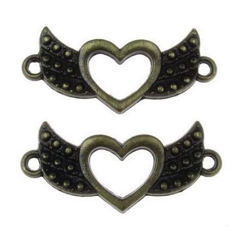 Connecting element metal heart with wings 31x14x2 mm hole 1.5 mm color antique bronze -5 pieces -10.90 grams