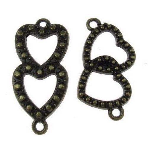 Connecting element metal hearts 30x14x2 mm hole 1.5 mm color antique bronze -5 pieces -8.90 grams