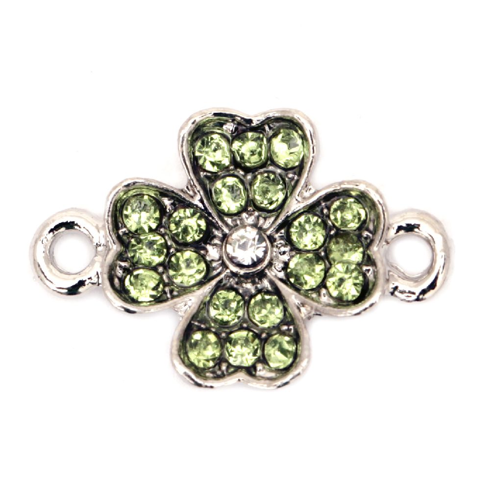 Metal Link Charm with Crystals / Lucky Clover, 25x17x4 mm, Hole: 1 mm, Silver