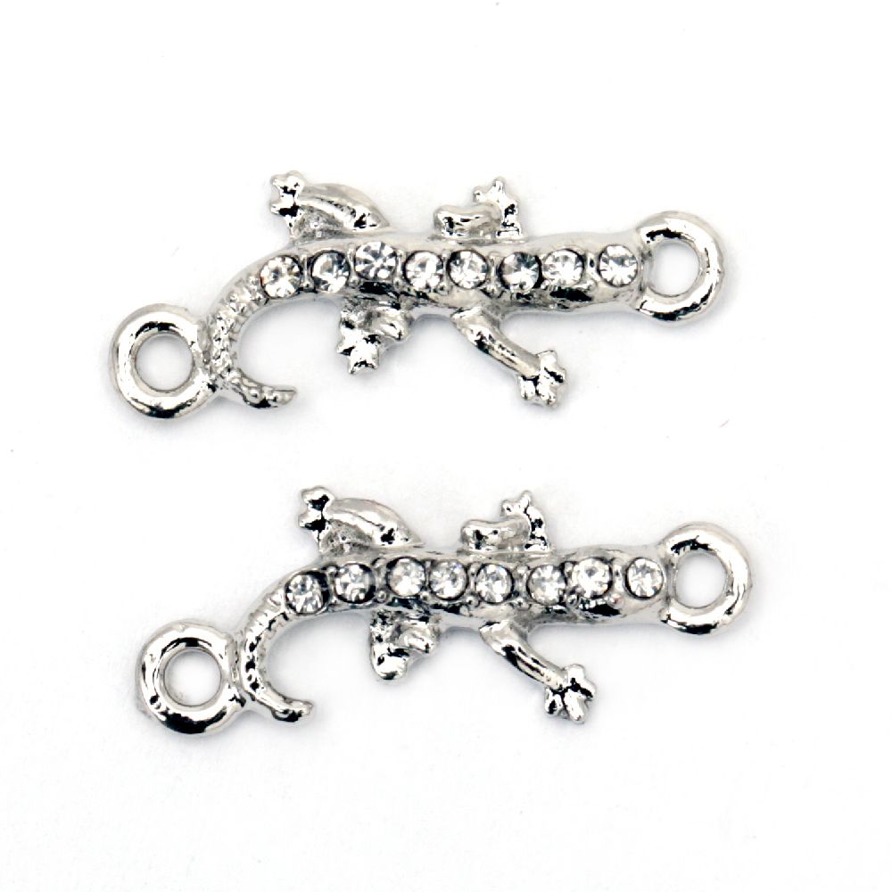 Connecting metal element, in the shape of lizard with crystals 23x9x3 mm hole 2 mm color silver