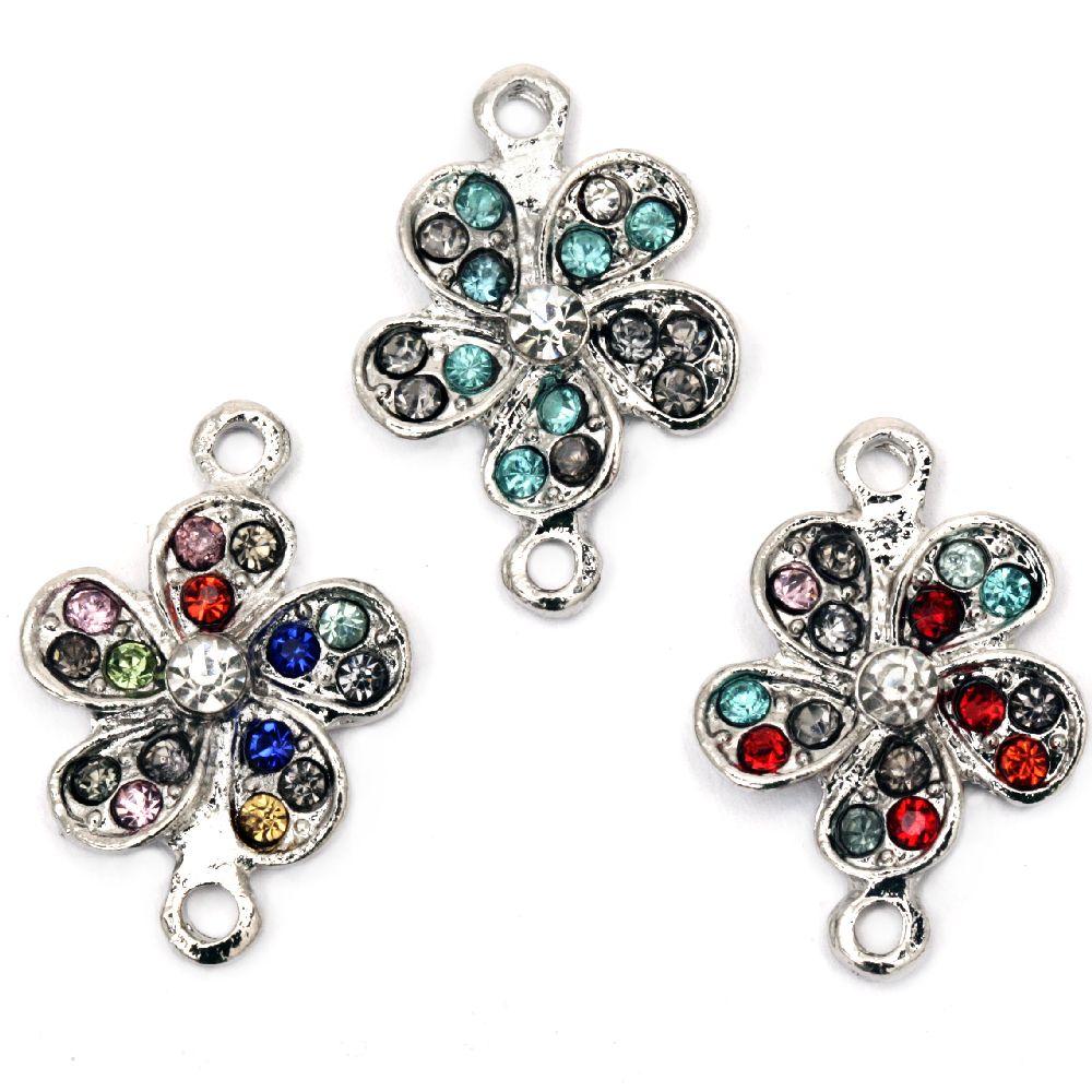 Metal flower shape, connecting element with colorful crystals 21x14x4 mm hole 1.5 mm silver color
