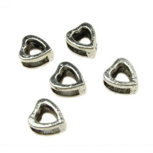 Heart-shaped metal bead 9x8x5 mm hole 4x5 mm color silver -10 pieces