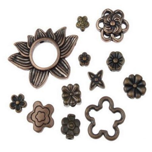 ASSORTED Metal Flower Beads,   5 ~ 30.5x5 ~ 22x3 ~ 3.5mm, Hole: 1.5 ~ 10 mm, Old Copper -20 grams