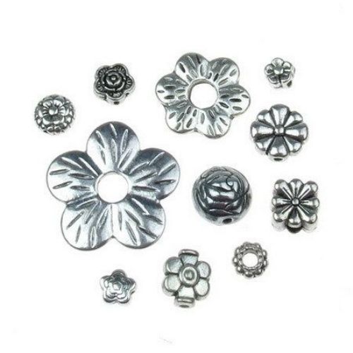 ASSORTED Metal Flower Beads, 5 ~ 30.5x5 ~ 22x3 ~ 3.5 mm, Hole: 1.5 ~ 10 mm, Old Silver -20 grams