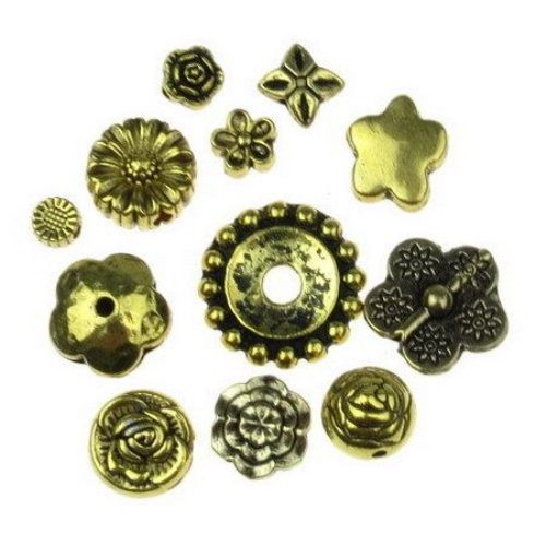 Metal bead  flowers ASSORTED 5 ~ 30.5x5 ~ 22x3 ~ 3.5mm hole 1.5 ~ 10mm color old gold silver -20 grams