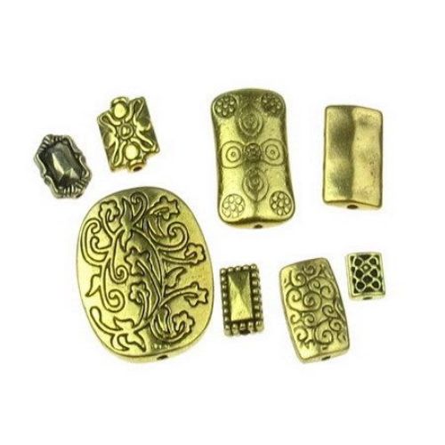 Metal bead  rectangle ASSORTED 8 ~ 25x5.5 ~ 18x2.5 ~ 8mm hole 1.5 ~ 10.5mm color old gold -20 grams