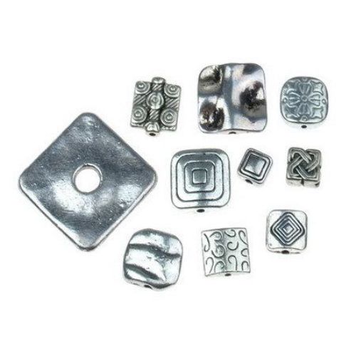 Мънисто метал квадрат АСОРТЕ 10~22x10~22x2~7 мм дупка 1~5.5 мм цвят старо сребро -20 грама