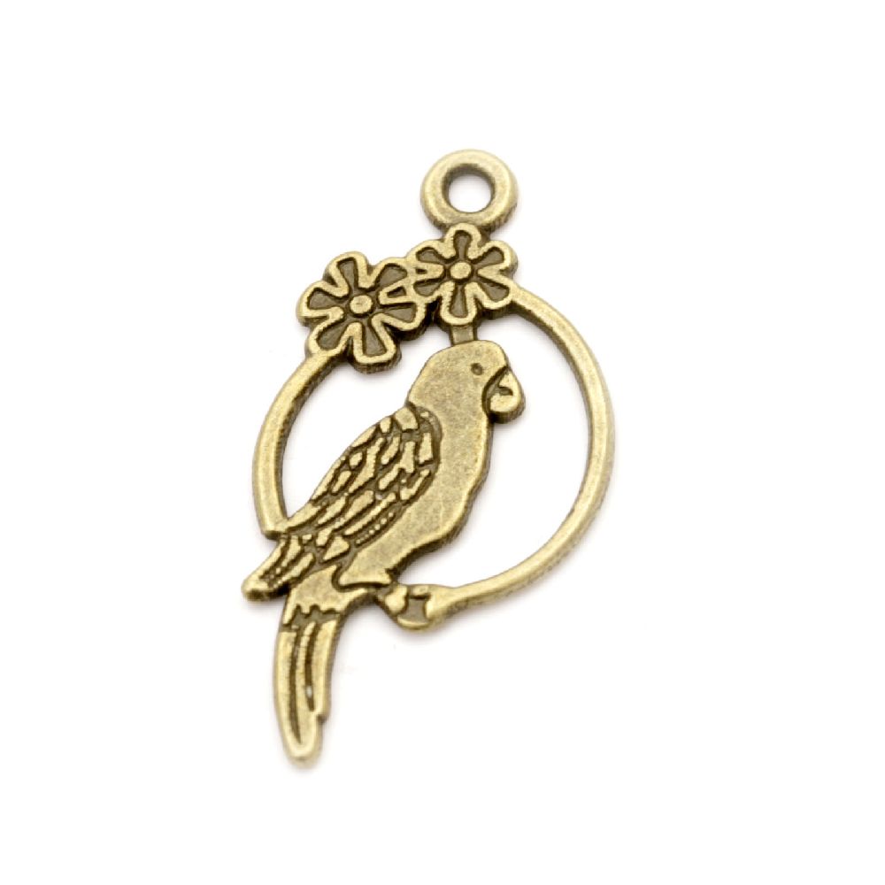 Round metal pendant with parrot and flowers 28x14.5x1.5 mm hole 1.5 mm color antique bronze - 10 pieces