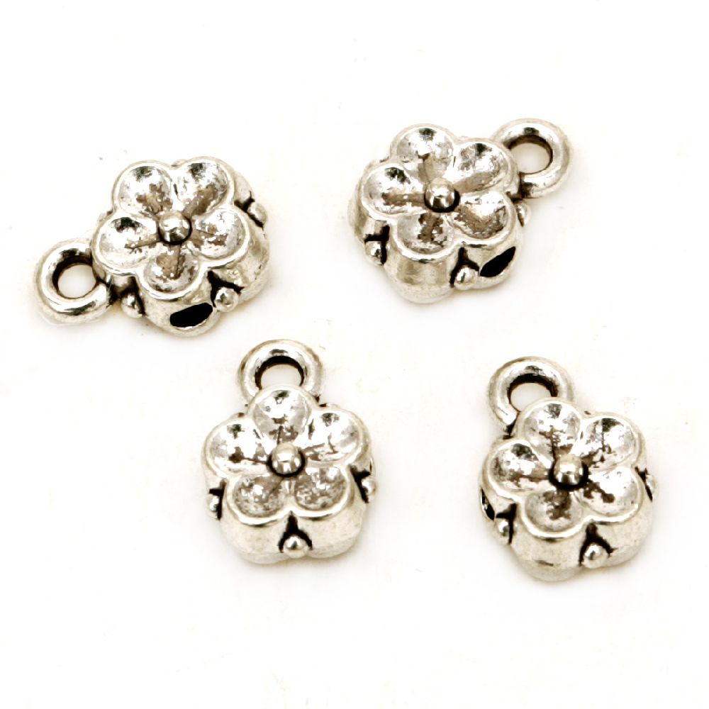 Delicate tiny metal flower charm 8x6x4 mm hole 1 mm color old silver - 20 pieces