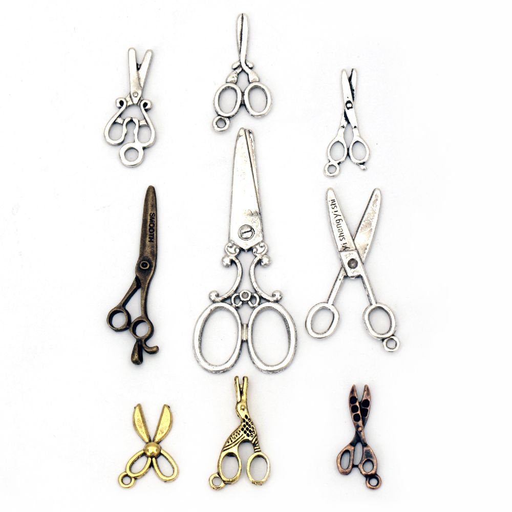 Assorted types and sizes metal scissors pendant 30~59x13~24x2~3 mm hole 2~8x13 mm color  - 20 grams