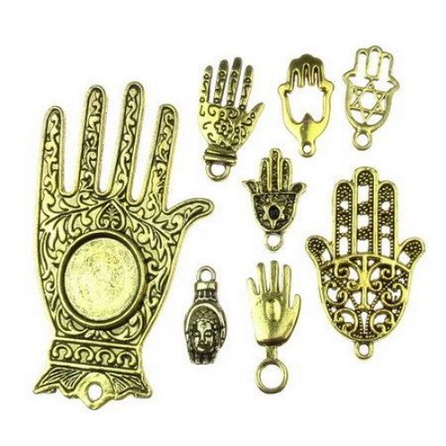 Висулка метална ръка АСОРТЕ 18~57x8.5~35x2~5 мм дупка 2~4 мм цвят старо злато -20 грама