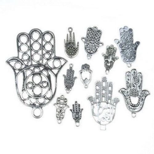 Metal pendant  hand ASSORTE 18 ~ 57x8.5 ~ 35x2 ~ 5 mm hole 2 ~ 4 mm color old silver -20 grams