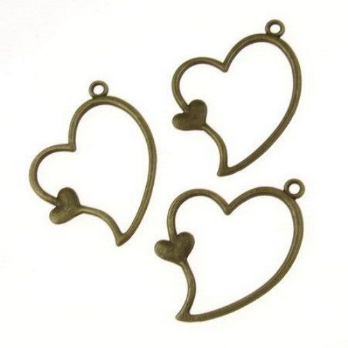 Pendant metal heart for vintage jewelry making 36x28x2 mm hole 2 mm color antique bronze - 10 pieces