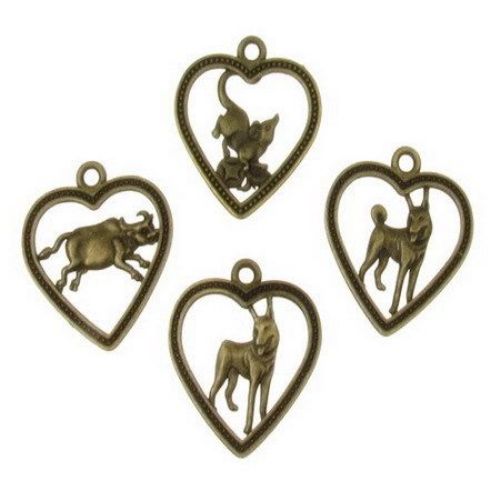 Pendant metal heart with animal figurine inside 24x22x1 mm hole 2 mm color antique bronze - 10 pieces