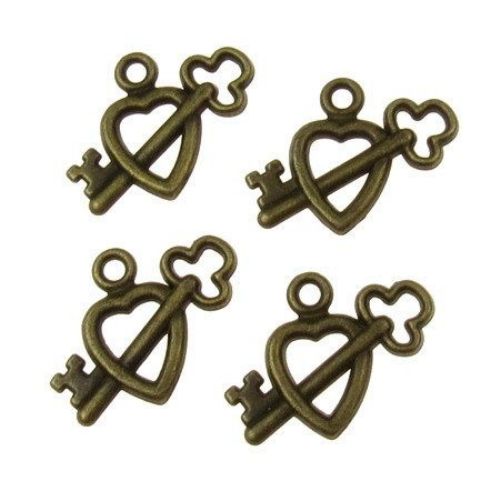 Metal Pendant / Heart with Key, Jewelry Making Charms,14x19x2 mm, Hole: 1 mm, Antique Bronze, 20 pieces