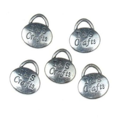 Pendant metal bag with engraved lettering "I&S Crafts" 11x11.5x2.5 mm hole 2 mm color old silver - 5 pieces