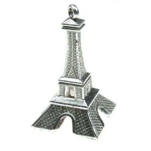 Pandantiv turn Eiffel metalic 47x22,5x22,5 mm orificiu 2,5 mm culoare argintiu vechi
