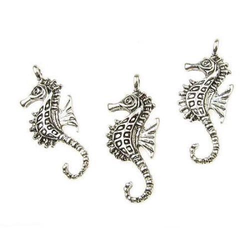 Sculptured metal seahorse pendant 29x13x2 mm hole 2 mm color old silver - 10 pieces