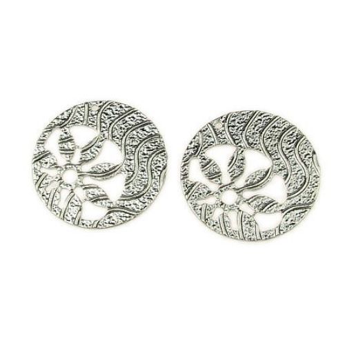 Metal medallion with openwork flower 40x2 mm hole 1 mm color silver - 2 pieces