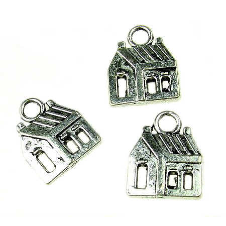 Glossy metal pendant, tiny house 18x14x2.5 mm hole 2.5 mm color old silver - 5 pieces