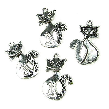 Sheeny metal pendant in the shape of a cat 25x15x2 mm hole 2 mm color old silver - 10 pieces
