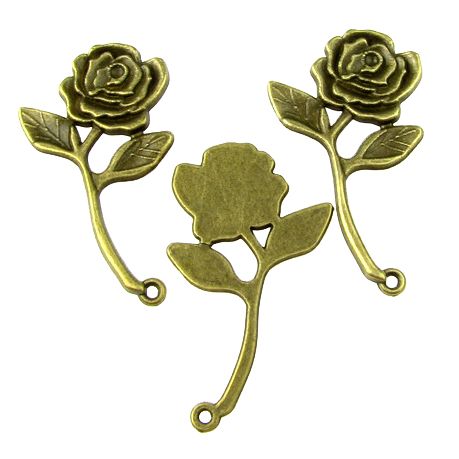 Metal jewelry component, pendant in  rose shape 35x20x2 mm hole 1.5 mm color antique bronze - 5 pieces