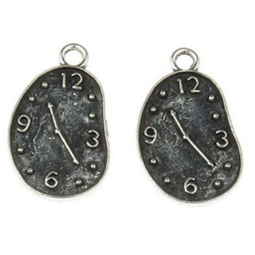 Pendant metal clock, Salvador Dali style 22.5x13x1 mm hole 2 mm color old silver - 5 pieces
