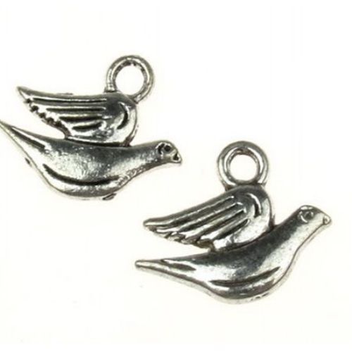 Glossy metal bird pendant 16.5x19x2.5 mm hole 2.5 mm color old silver -10 pieces