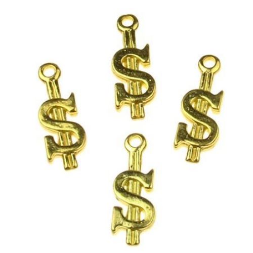 Shining pendant metal dollar sign 21x8x2 mm hole 2 mm color gold - 5 pieces