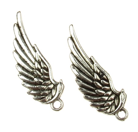 Sheeny wing, metal charm bead 34x11x2 mm hole 2 mm color old silver - 2 pieces