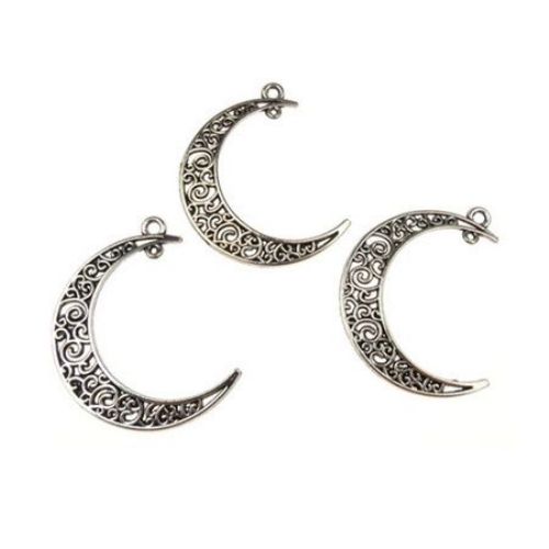 Pendant metal filigree crescent 37x8x2 mm hole 1~3 mm color old silver - 5 pieces