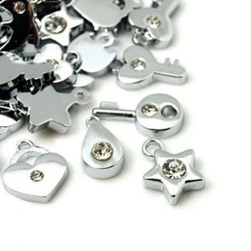 ASSORTED Metal Pendants with Crystals, 10 ~ 20x8 ~ 12x2 ~ 4 mm, Hole: 2 ~ 2.5 mm, Silver