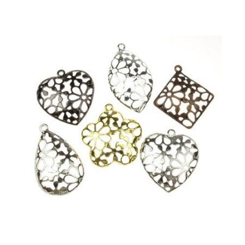 Assorted shapes and sizes metal filigree pendants 33~37.5x30~34x3.5 mm hole 2~2.5 mm assorted colors - 2 pieces