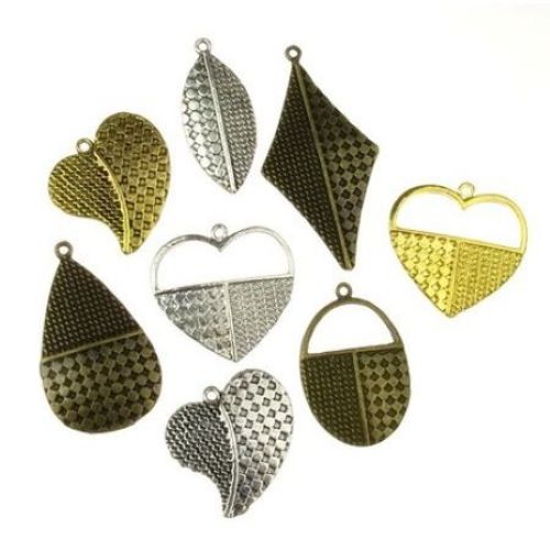 Various of shapes and sizes metal textured pendants 26~44x20~26x2~2.5 mm hole 1.5~2 mm assorted colors - 5 pieces
