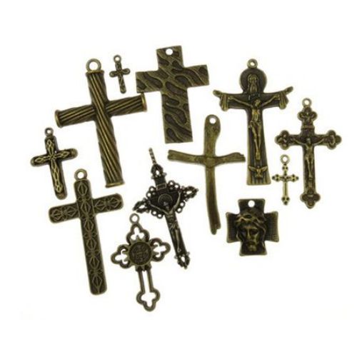 ASSORTED Metal Pendants / Cross, DIY Findings for Jewelry Making, 18 ~ 76x10 ~ 59x1.5 ~ 6mm, Hole: 1 ~ 5mm, Antique Bronze, 20 grams