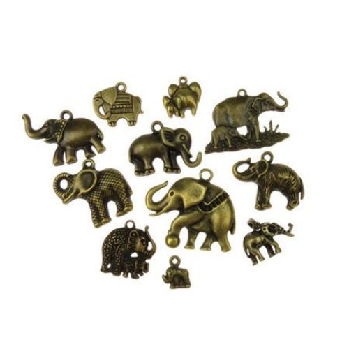 Various of shapes and sizes metal elephants, pendants 11~64.5x11~50x2~9 mm hole 2~7x10mm color antique bronze - 20 grams