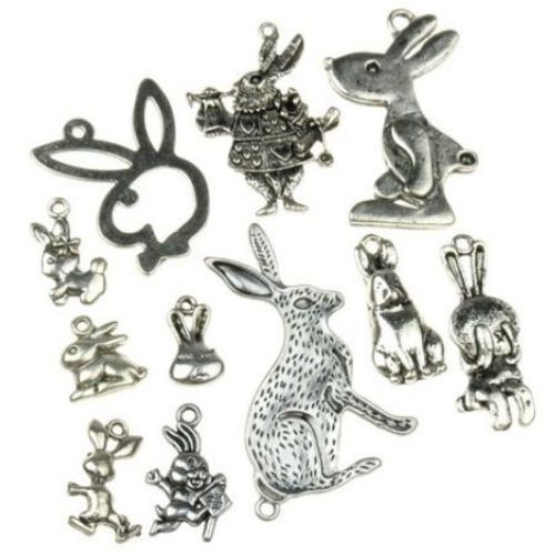 Assorted shapes and sizes metal rabbits, pendants 14~48x13~26x1.5~2.5 mm hole 1~3 mm color old silver - 20 grams