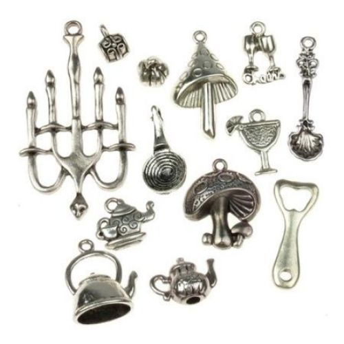 Various of shapes and sizes metal pendants 11~50x4.5~28x1.5~6 mm hole 1~2 mm color old silver - 20 grams