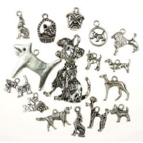 Висулка метална куче АСОРТЕ 15~47x8~34x1~13 мм дупка 1~2 мм цвят старо сребро -20 грама